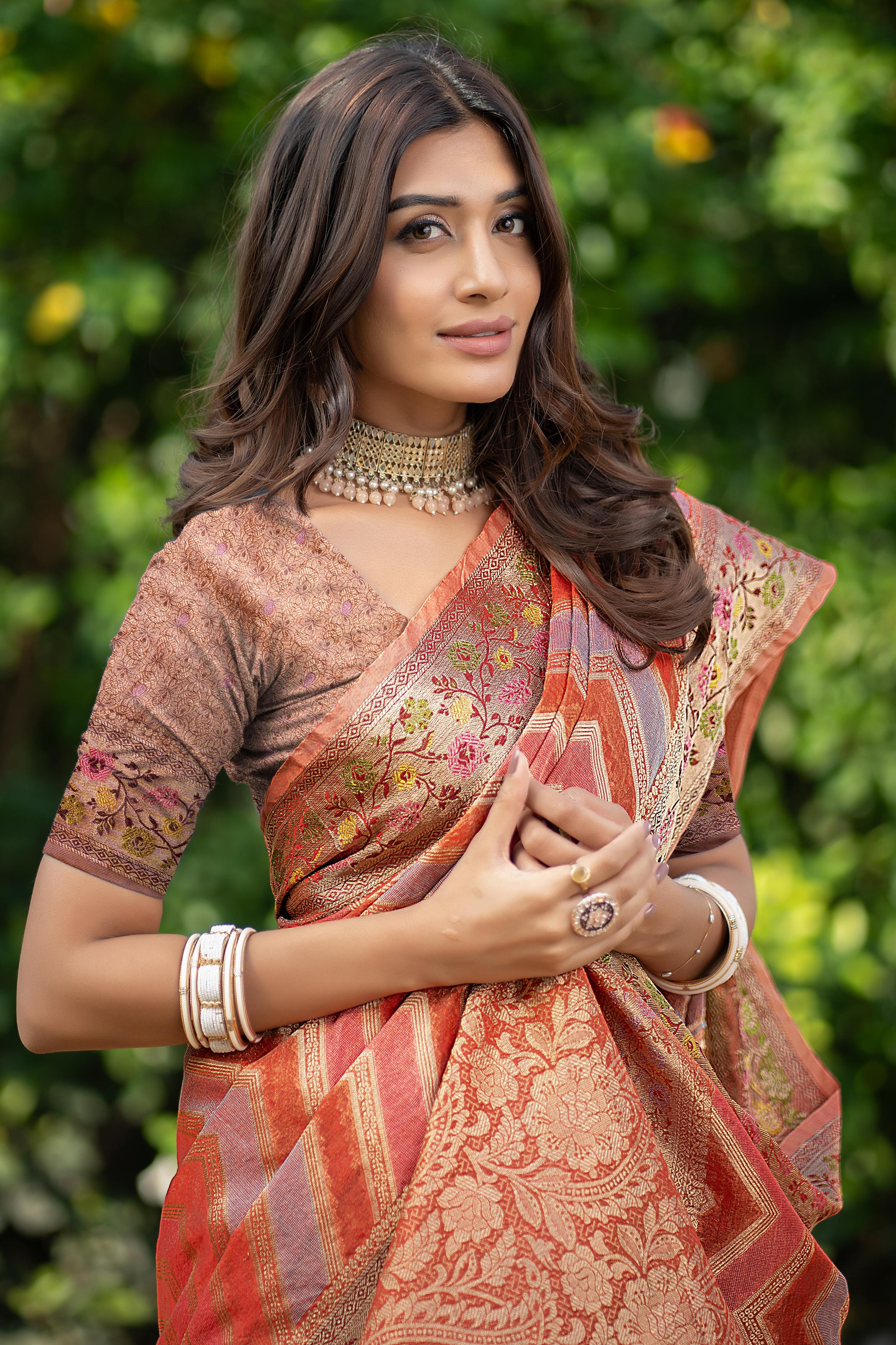 Orange Organza Saree with zari work For Navratri Pooja