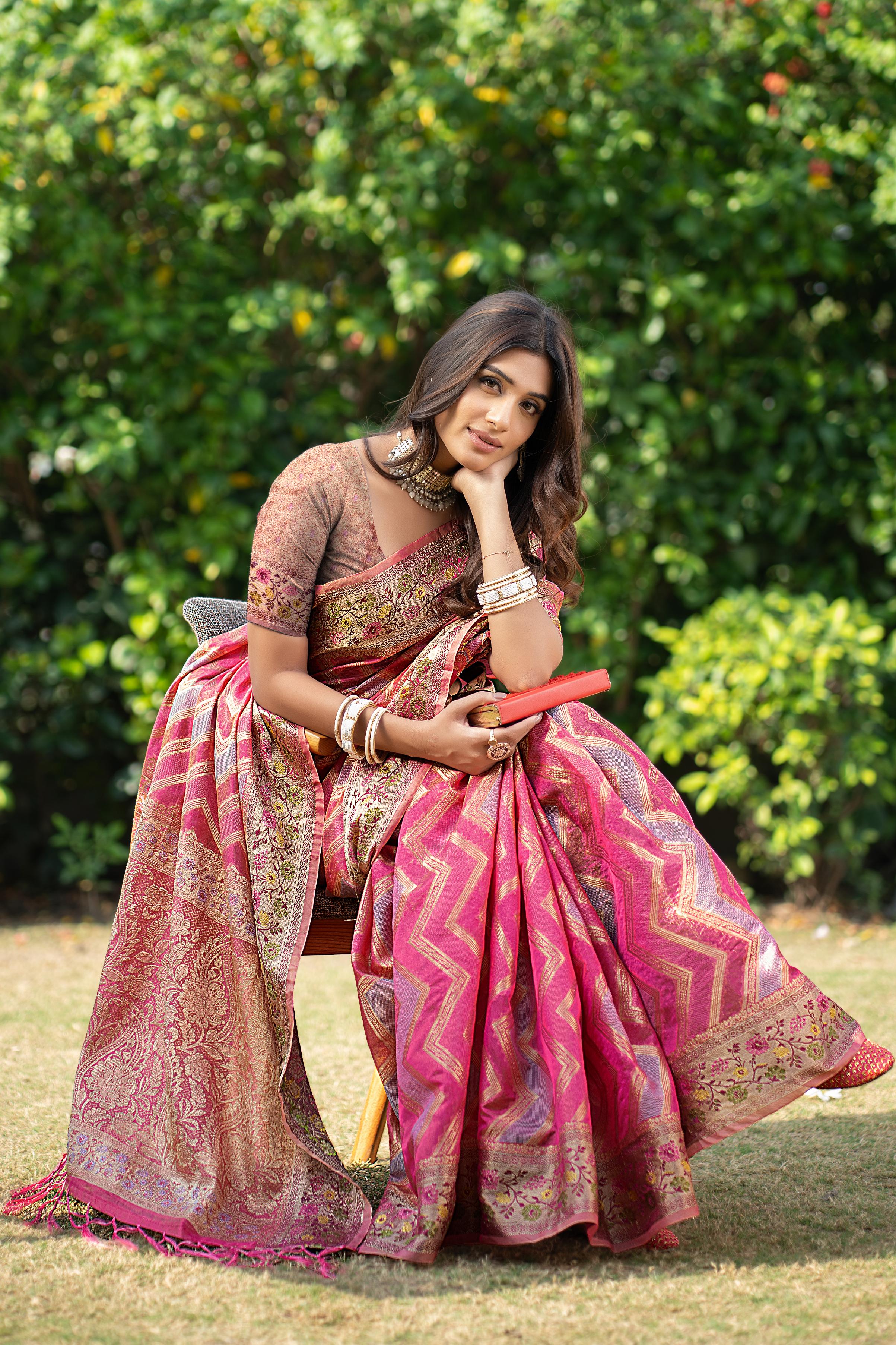Pink organza leheriya saree for wedding