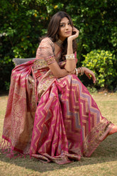 Pink Organza Zari Woven Lehriya Saree
