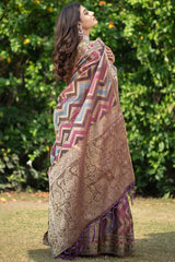 Wine Organza Zari Woven Lehriya Saree