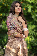 Wine Organza Zari Woven Lehriya Saree