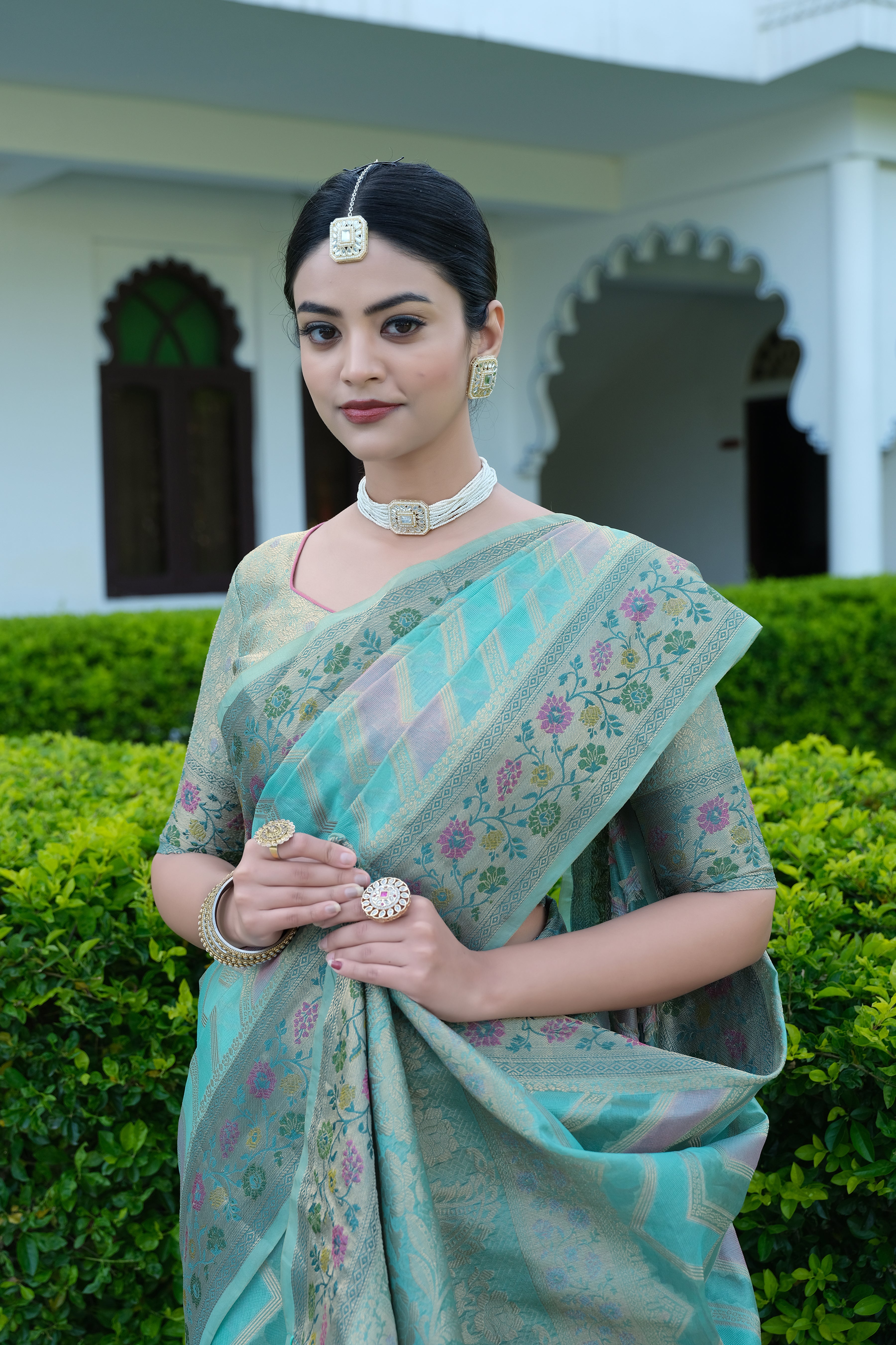 Blue organza leheriya saree