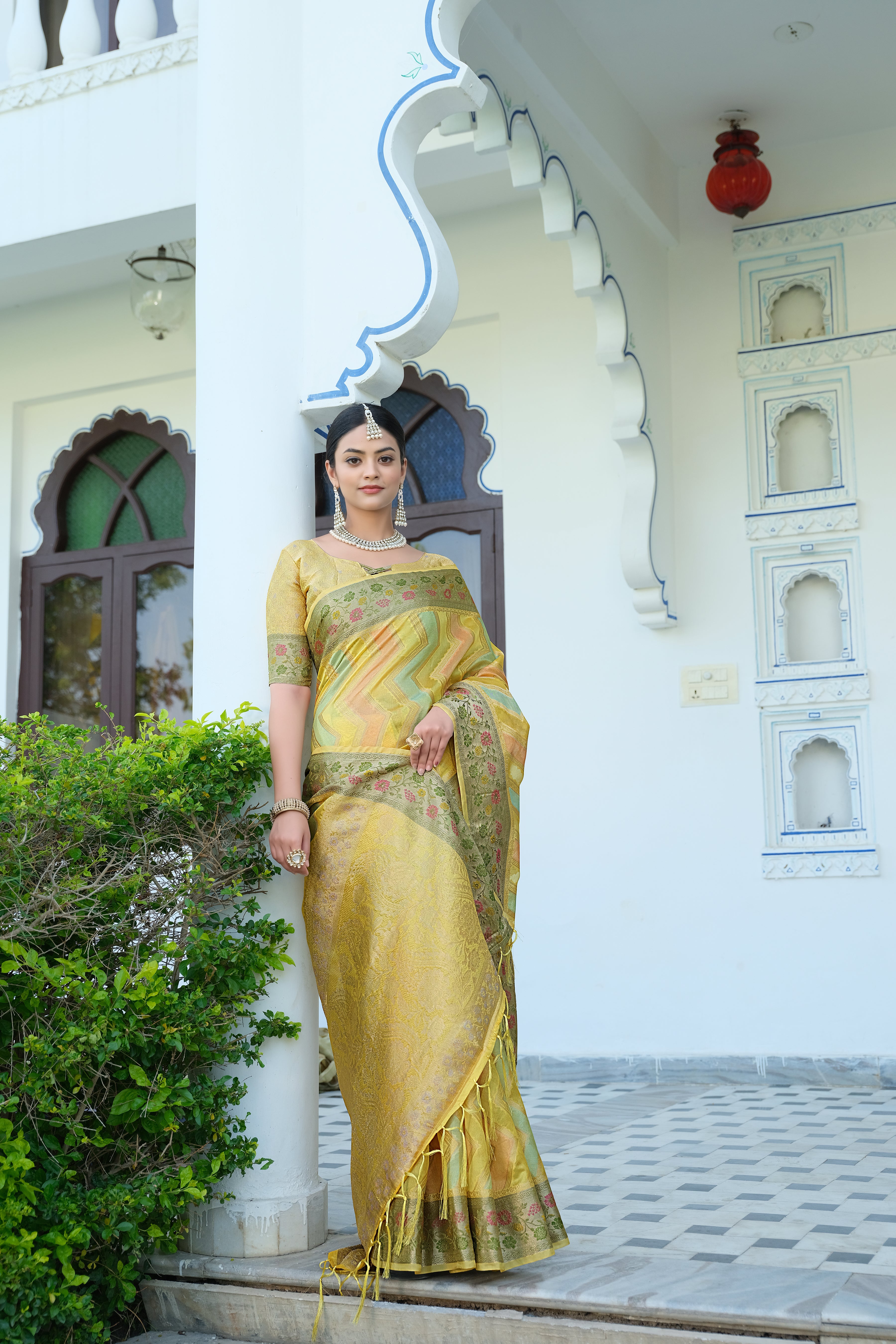 Yellow Leheriya saree With organza Fabric