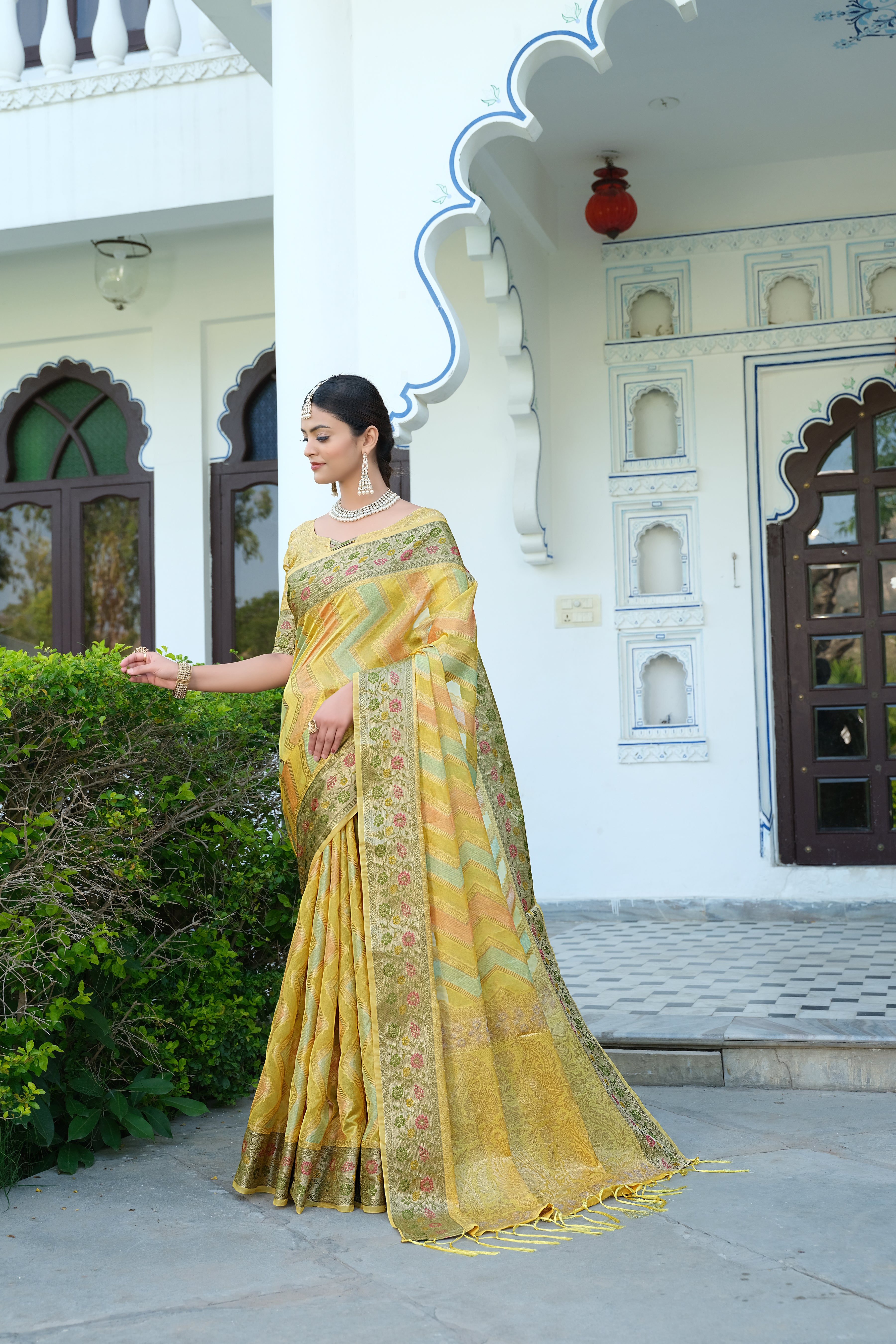 Yellow organza Leheriya saree for women