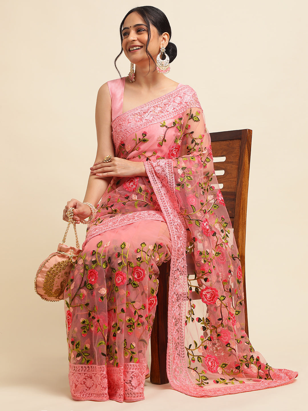 Pink Net embroidered saree