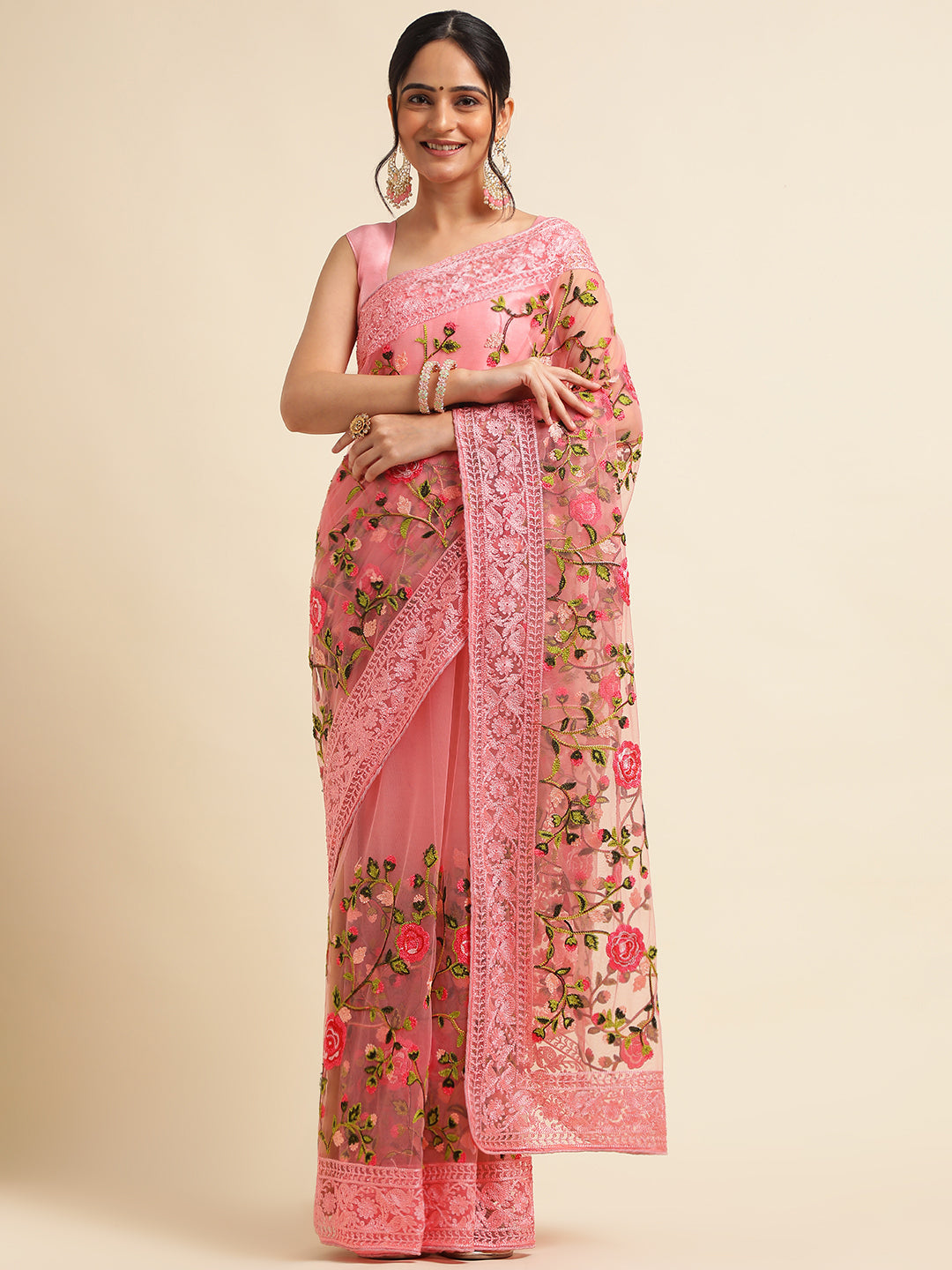 Pink Net saree for women
