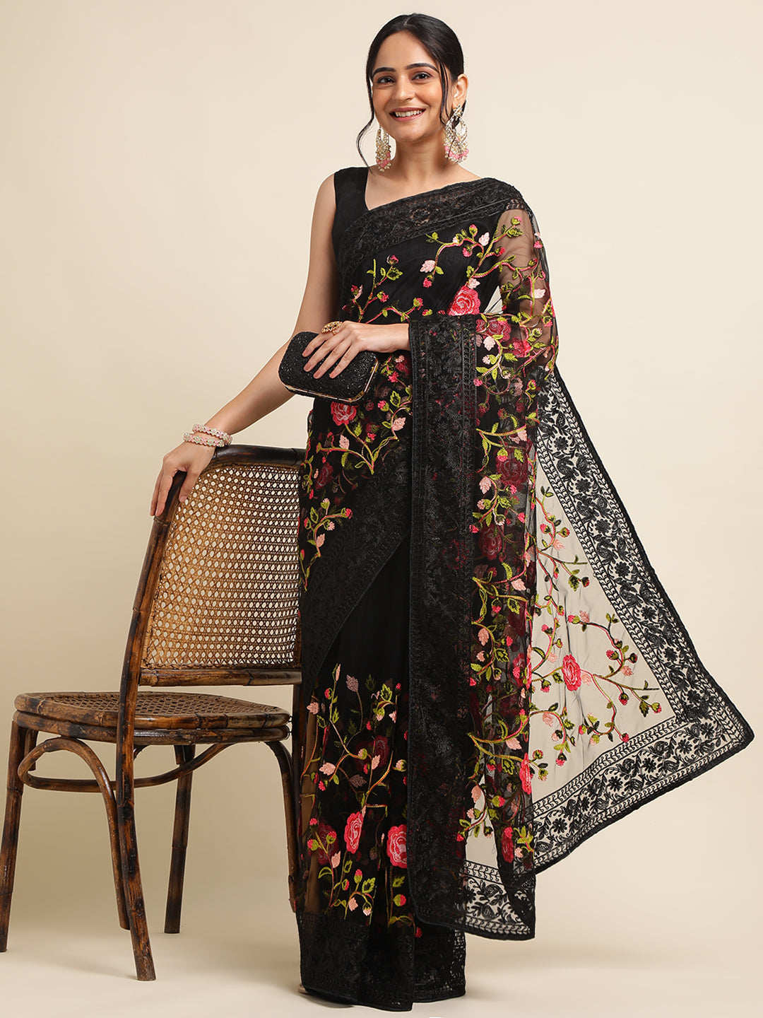 Black Net Floral embroidery saree