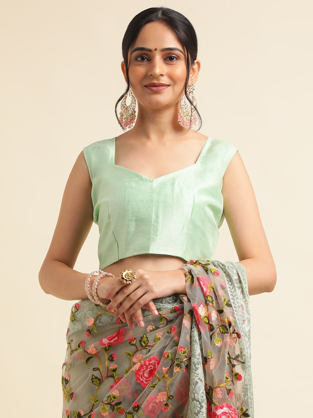 Blouse design for net floral embroidery saree