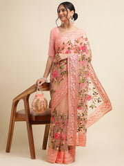 Orange net Floral embroidery saree