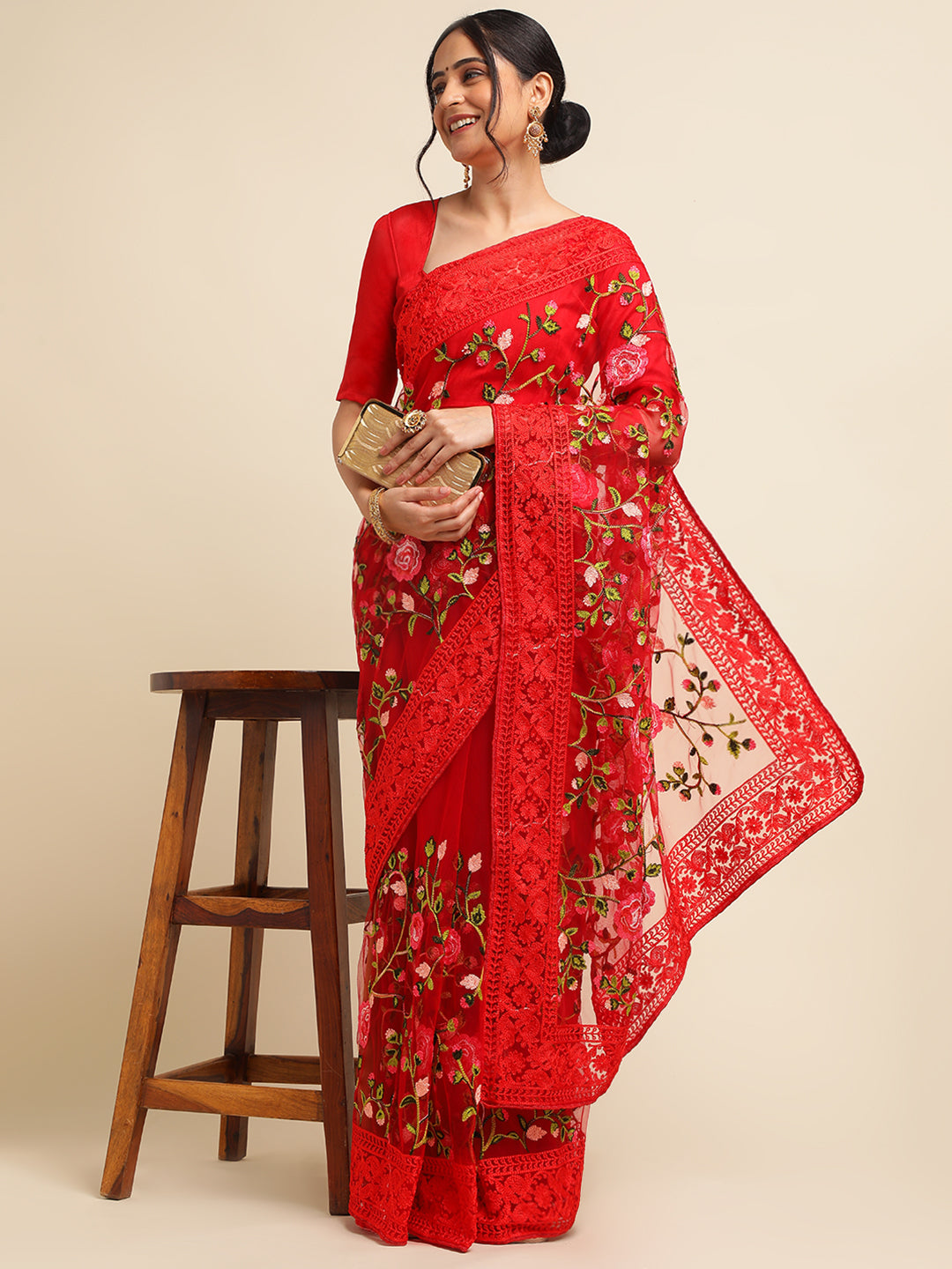 Red Floral embroidery Net saree