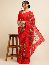 Red Floral embroidery Net saree