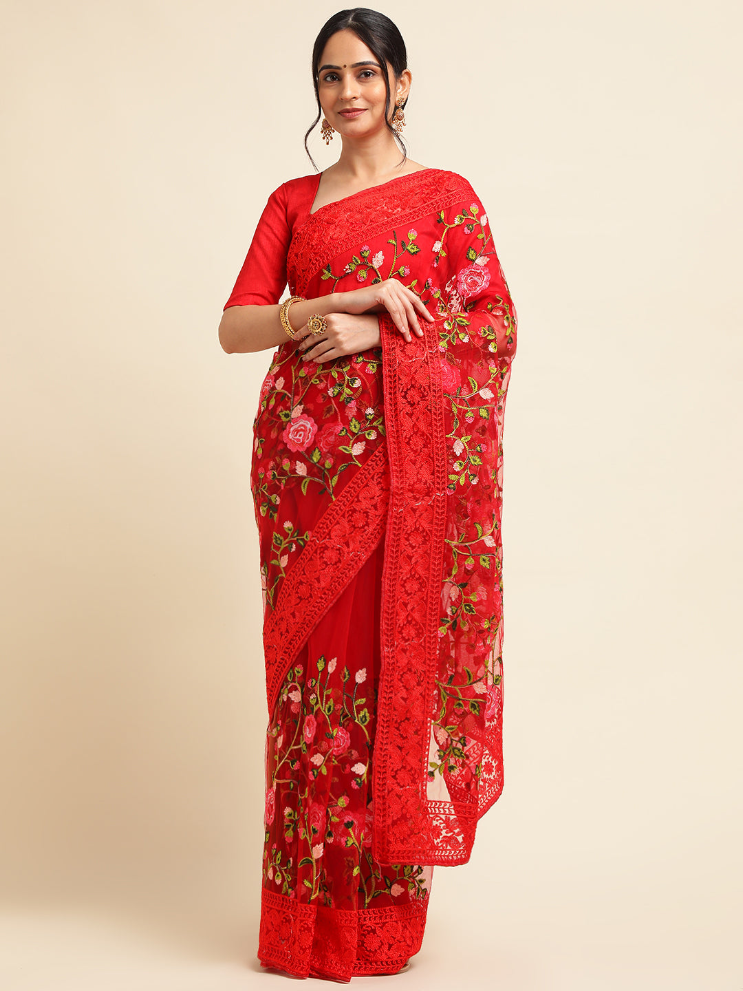 Net fabric saree with floral embroidery