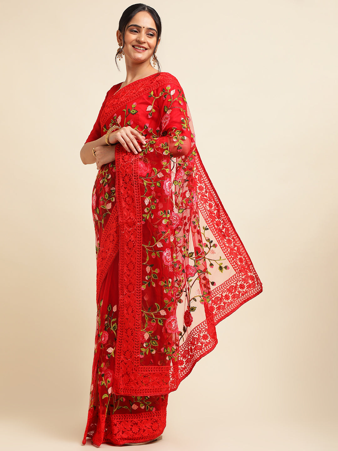 red Net saree for wedding
