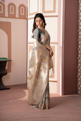 Gray Banarasi Silk Zari Woven Saree