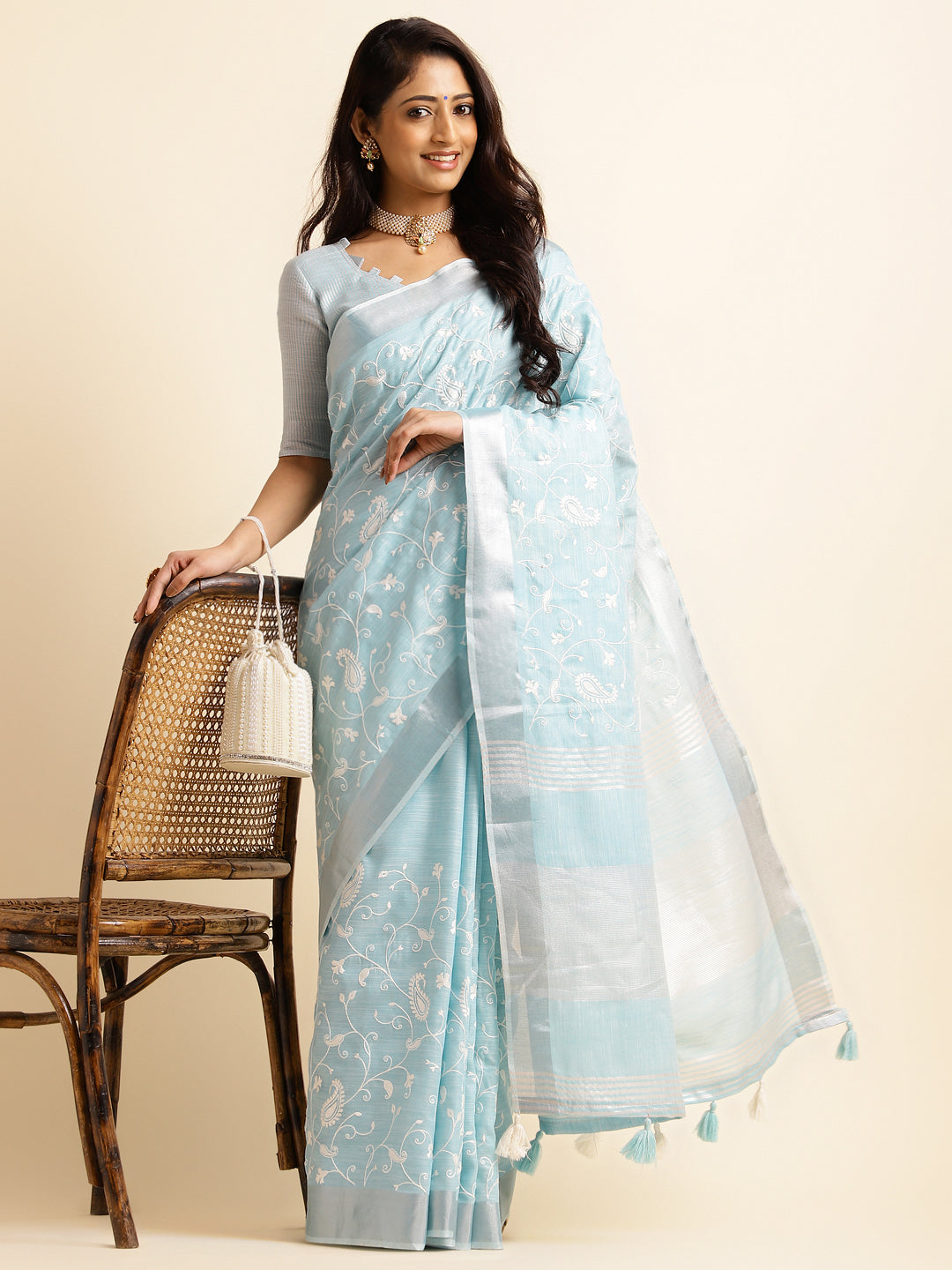 Rama linen saree with floral embroidery saree
