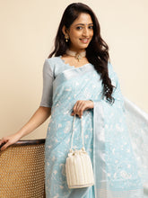 Rama linen saree with floral embroidery work