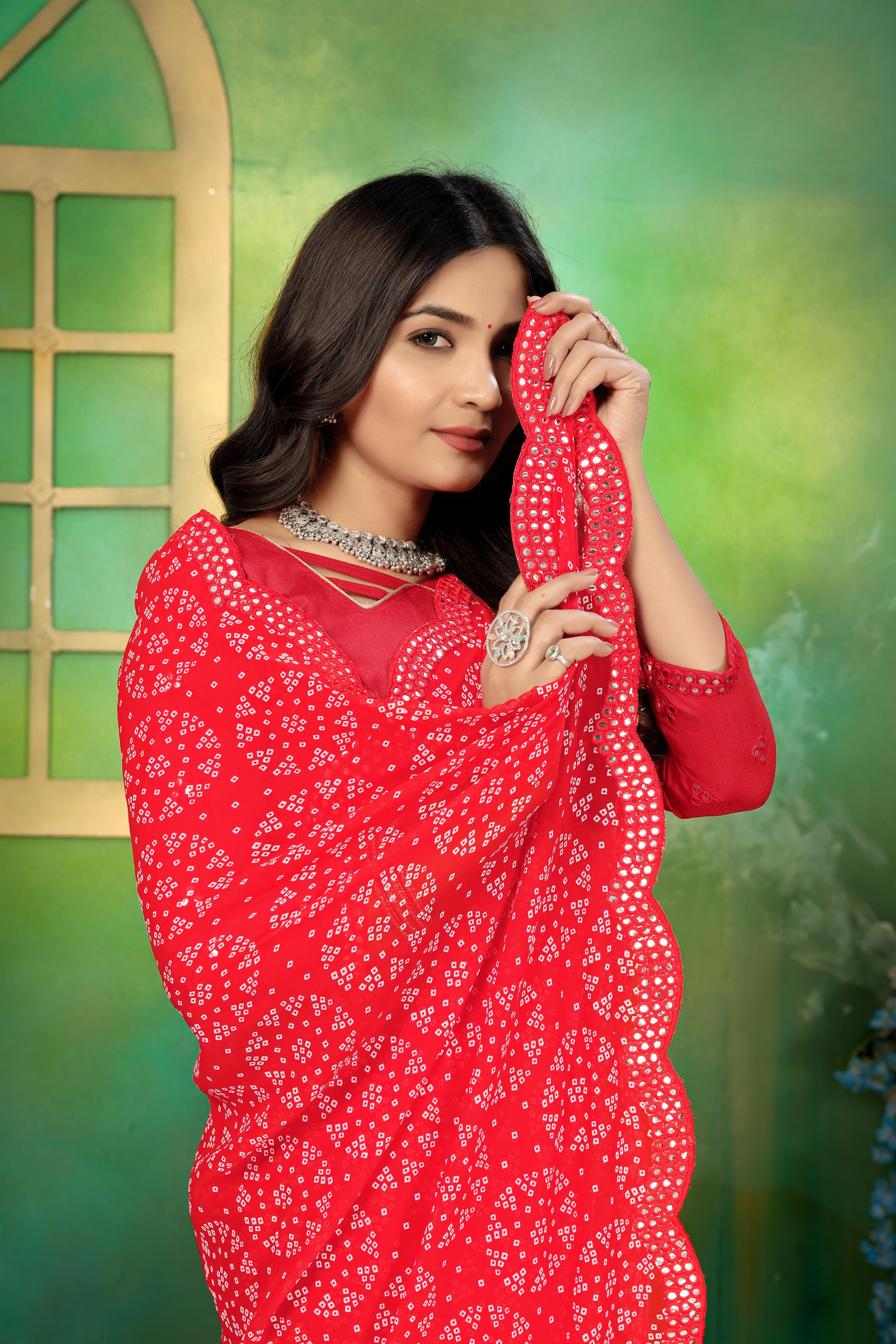 Red Bandhej Mirror Work Saree