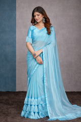 Sky Blue Satin Silk Resha Latkan Saree