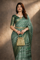 Dark Green Dola Silk Geometry Printed Saree