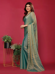 Sea Green Satin Silk Handwork Saree