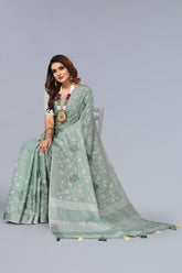 Sea Green Embroidered Linen Saree