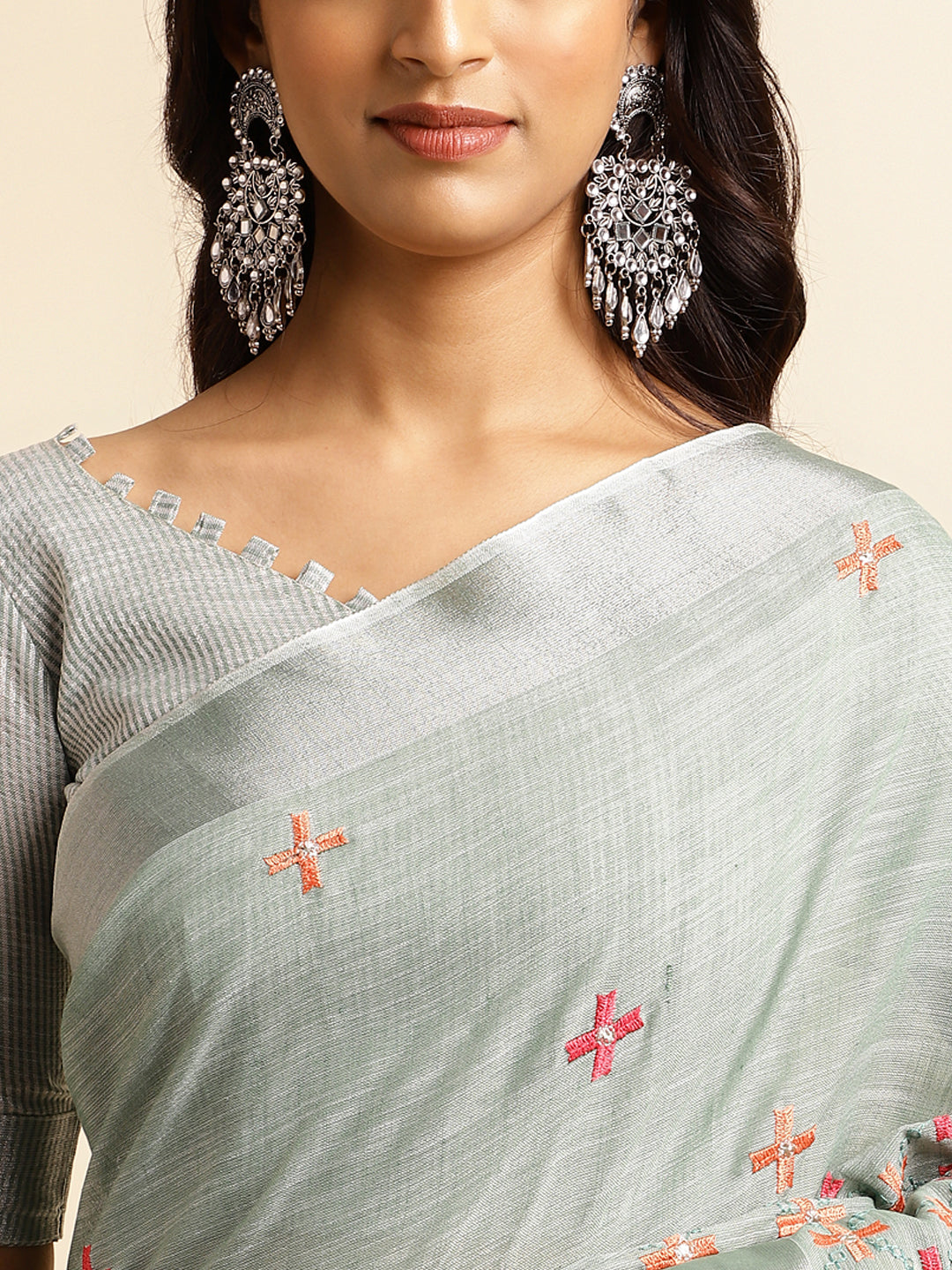 Sea Green Linen Embroidery Silk Saree For Women