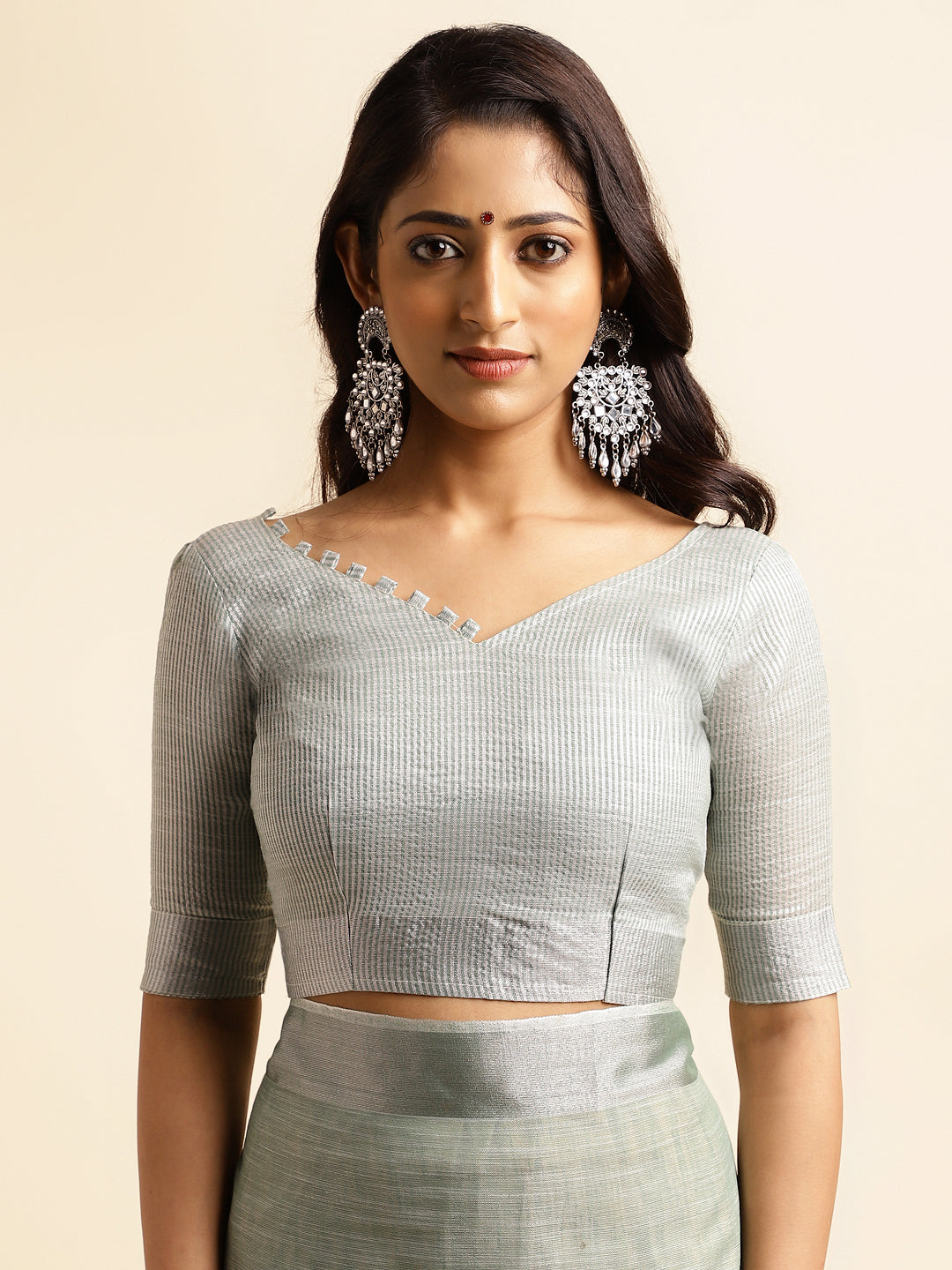 Sea Green Linen Embroidery Silk Saree With Blouse Design