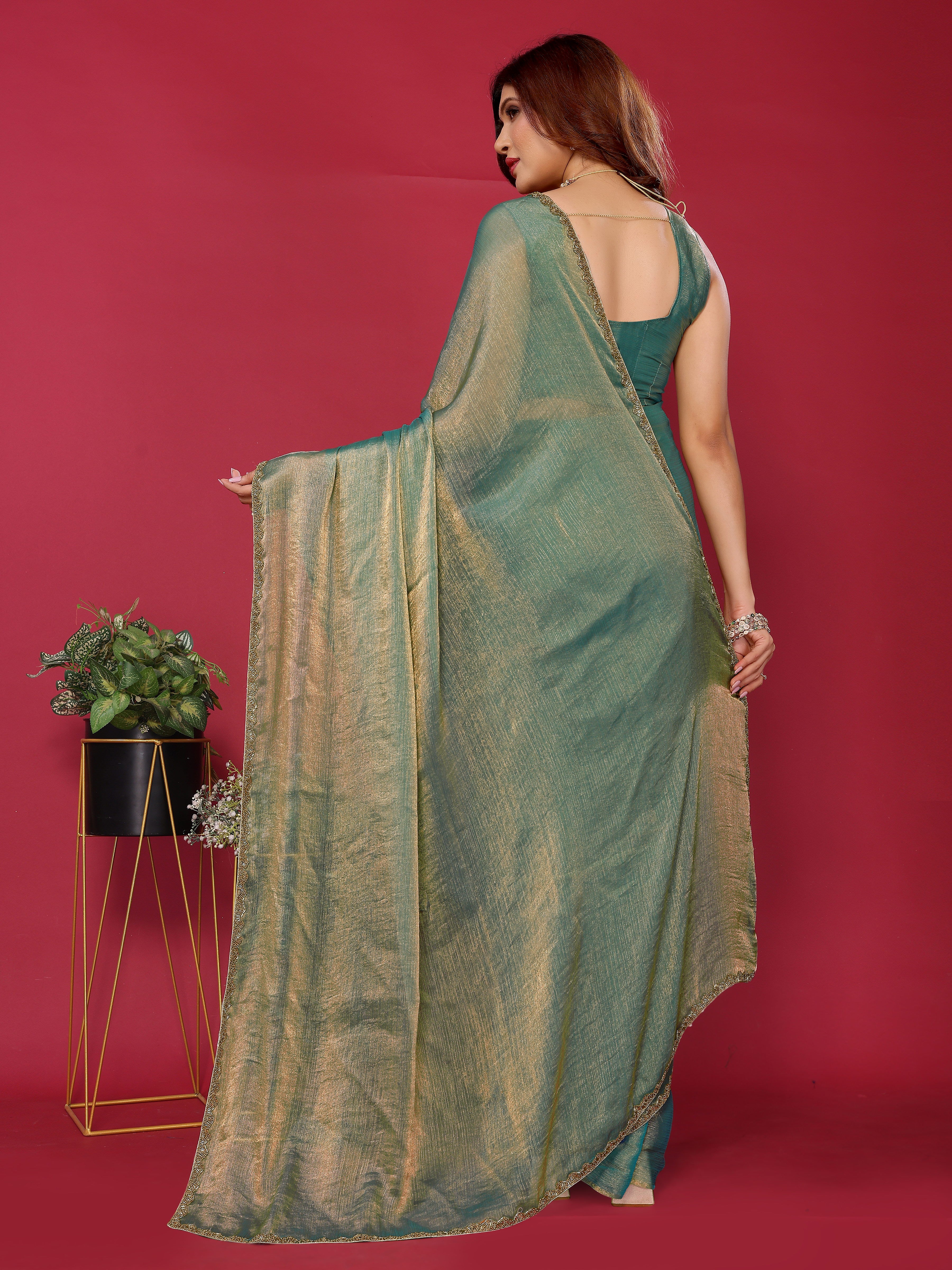 Sea Green Satin Silk Handwork Saree For Diwali Festival