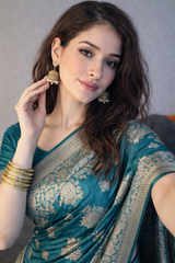 Rama Banarasi Silk Zari Saree Styled by Rachita