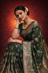 Dark Green Banarasi Silk Gold Zari work Saree