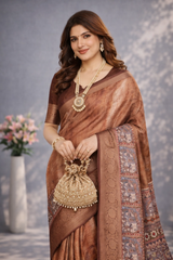 Brown Dola Silk Kalamkari Printed Saree