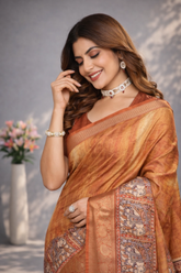Orange Dola Silk Kalamkari Printed Saree