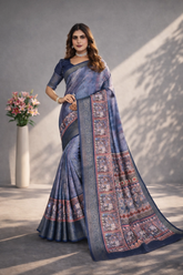 Indigo Blue Dola Silk Kalamkari Printed saree
