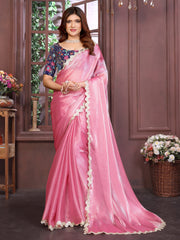 Pink Satin silk sequence lace work saree
