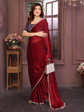 Red Satin silk Mirror Work Saree