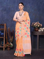 Orange Linen Embroidery Saree