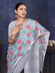 Grey Linen Embroidery Saree