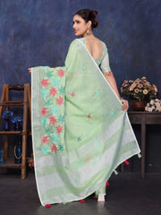 Green Linen Embroidery Saree