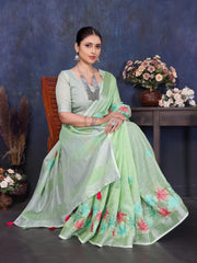 Green Linen Embroidery Saree