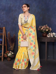 Yellow Linen Embroidery Work Saree