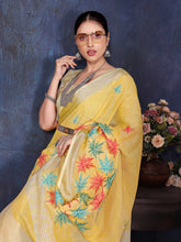 Yellow Linen Embroidery Work Saree