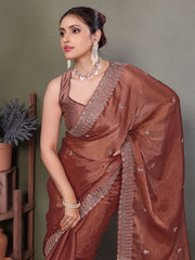 Brown Jimmy choo silk fabric saree with zari work