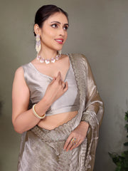 Grey Jimmy choo silk fabric saree with zari work