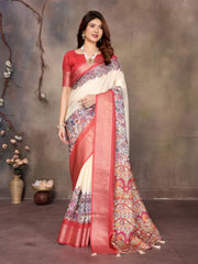 White Dola Jacquard Red Border Digital Print Saree