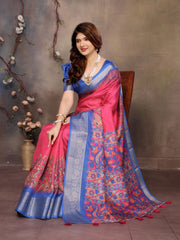 Red Dola Jacquard Blue Border Digital Print Saree