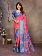 Red Dola Jacquard Blue Border Digital Print Saree