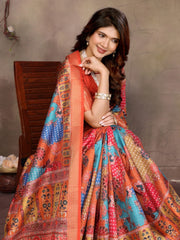 Orange Dola Silk Printed Saree