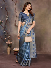 Blue Banarasi Jacquard Abstract Digital Print