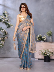 Blue Chiffon Checks with Sequin Embroidery Border