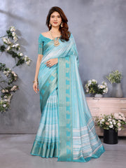 Light Blue Banarasi Jacquard Stripped Pattern Digital print